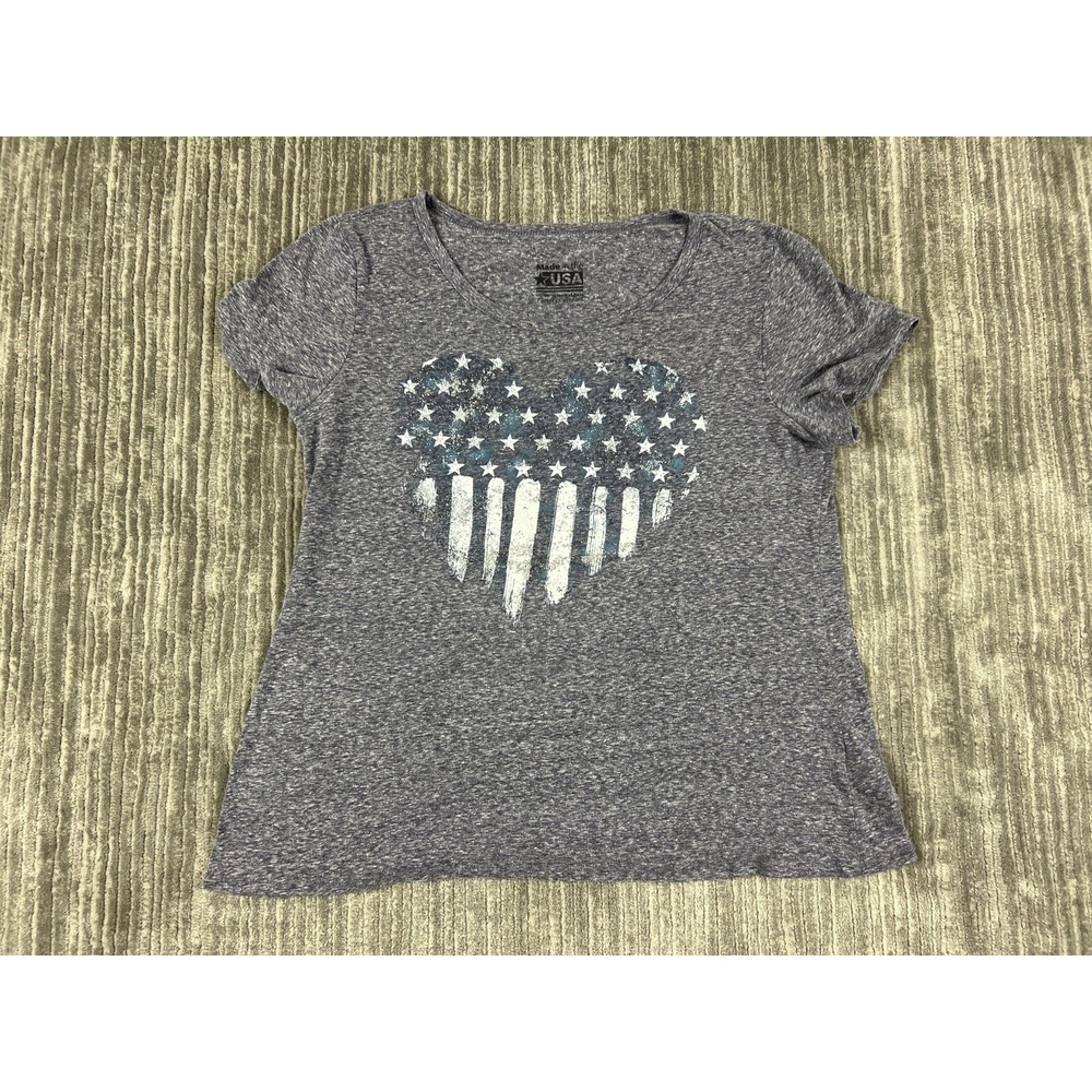 Made in the USA T-Shirt Womens L Navy Blue American Flag Heart Heathered Casual